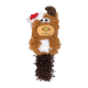 Ein plüschiges Hundespielzeug in Form eines Rentiers mit rotem Weihnachtsmannhut, mit einem braunen, pelzigen Körper, einem weißen Bauch und einem lockigen braunen Schwanz.