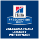 Logo diety weterynaryjnej Hill's Prescription Diet na niebieskim tle, z polskim tekstem mówiącym "Zalecane przez weterynarzy."