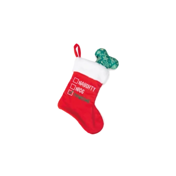 Roter Weihnachtsstrumpf für Haustiere mit weißem Bündchen und Aufhängeöse, grünem Knochen-Spielzeug, Text: 'Naughty', 'Nice', angekreuzt 'Pawsome'.