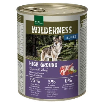 Blikjes huisdierenvoer gelabeld 'Wilderness Adult High Ground', met een wolf en benadrukt 95% geiten- en schapenvlees, 5% kruiden en 0% granen.