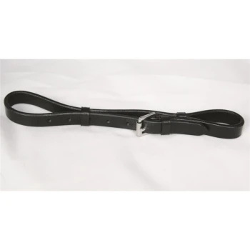 Schwarze Lederhaustierleine mit silberner Schnalle, flach auf einem weißen Hintergrund ausgelegt.