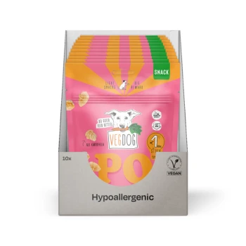 Verpackung von Vegdog-Hundesnacks in Pink, mit dem Text 'PO' und '1 kcal Stück', mit einer Hundillustration und umweltfreundlichen Ansprüchen.