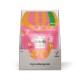 Verpackung von Vegdog-Hundesnacks in Pink, mit dem Text 'PO' und '1 kcal Stück', mit einer Hundillustration und umweltfreundlichen Ansprüchen.