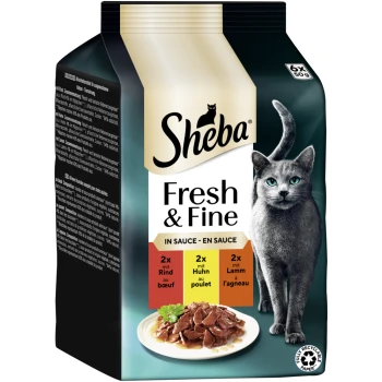 Sheba Fresh & Fine Katzenfutterverpackung mit einem Teller Fleisch in Sauce, mit Geschmacksrichtungen: Rind, Huhn und Lamm.