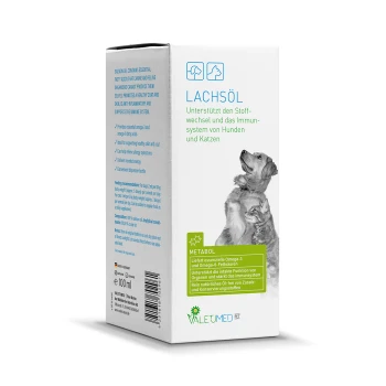 Lachsöl-Haustierergänzungsbox mit einem Hund und einer Katze, mit Text, der die Vorteile für Haut, Fell und Immunsystem hervorhebt.