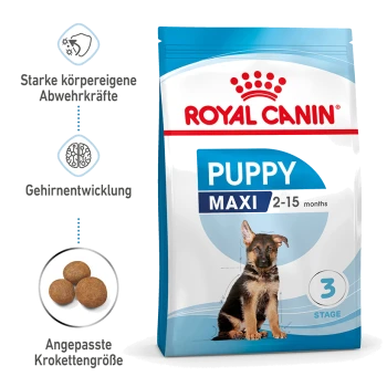 Royal Canin Puppy Maxi Hundefutterbeutel, geeignet für Welpen im Alter von 2-15 Monaten, mit ernährungsphysiologischen Vorteilen für das Immunsystem und die Gehirnentwicklung.