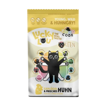 Un sac de nourriture pour chaton Lucky Lou avec un chat noir joueur, présentant les icônes "Young, Wild & Hungry!" et "97 % viande".