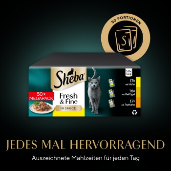 Sheba Fresh & Fine in Sauce 50× Megapack-Box mit grauer Katze, dem Slogan 'JEDES MAL HERVORRAGEND' und einem Badge mit '50 Portionen'.