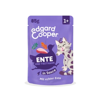 Lila Edgard Cooper 85 g Katzenfutter-Tasche mit Cartoon-Katze; 'Ente und Truthahn' in Sauce, '1+' und 'Mit echter Ente'