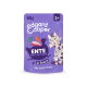 Lila Edgard Cooper 85 g Katzenfutter-Tasche mit Cartoon-Katze; 'Ente und Truthahn' in Sauce, '1+' und 'Mit echter Ente'
