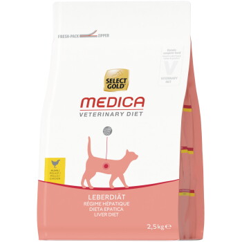 Zak Select Gold Medica Veterinary Diet katten leverdieet (kip) 2,5 kg, roze-witte verpakking met kattensilhouet en logo