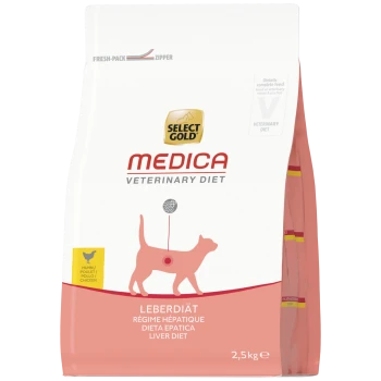 Bag of Select Gold Medica Veterinary Diet cat liver diet (chicken) 2.5kg, pink-white packaging with cat silhouette and logo