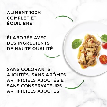 Aliment humide pour animaux sur une assiette avec épinards et tomate ; texte en français : 100 % complet, ingrédients de haute qualité, sans colorants ni arômes ajoutés.