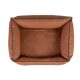 Draufsicht auf ein rechteckiges braunes Leder-Haustierbett mit gepolsterten Seiten und Boden.