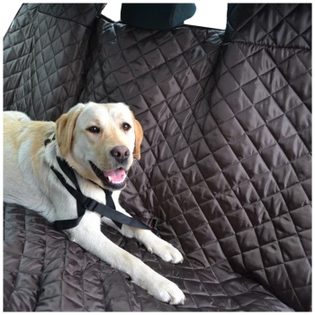 Ein hellfarbener Hund liegt auf einer braunen, gesteppten Autositzabdeckung, gesichert mit einem schwarzen Geschirr.