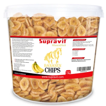 Supravit WiesenGlück Bananenchips für Pferde, 2 kg, 100 % natürlich, hergestellt in Deutschland, mit Fütterungshinweisen und Nährwertangaben.