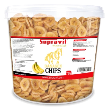 Supravit WiesenGlück Bananenchips für Pferde, 2 kg, 100 % natürlich, hergestellt in Deutschland, mit Fütterungshinweisen und Nährwertangaben.
