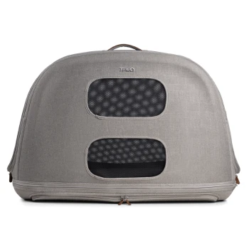 Grau Haustiertrage mit Netzfenstern und einem oberen Griff, entworfen für Komfort und Belüftung.