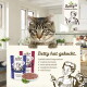 Eine getigerte Katze in einer Küche neben "Betty's Landhausküche" Katzenfutterbeuteln, mit den Aussagen "Betty hat gekocht" und Qualitätsansprüchen.