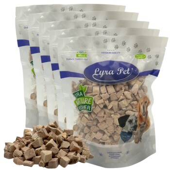 Mehrere Lyra Pet Tüten mit gefriergetrocknetem Würfelfutter, beschriftet mit „Nature Power“, Haufen von Würfeln, Verpackung zeigt Hunde und Katze