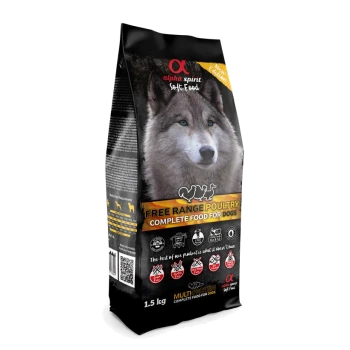 Tüte Alpha Spirit Soft Food Hundefutter mit Wolfbild, 'Free Range Poultry Complete Food for Dogs', 1,5 kg