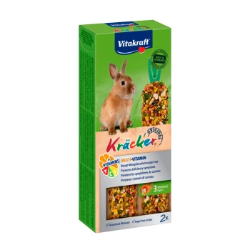 Vitakraft Kräcker Multi-Vitamin für Kaninchen, mit einem niedlichen Kaninchen auf der Verpackung, mit Text, der Vitamine und Mineralien hervorhebt.
