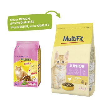 Bild von zwei Katzenfutterpackungen von MultiFit, eine rosa mit der Aufschrift "Junior" und die andere gelb, beide 2 kg. Der Text lautet "Neues DESIGN, gleiche QUALITÄT."
