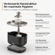 'Verbesserte Konstruktion für maximale Hygiene' — Explosionsdarstellung eines Edelstahl-Trinkbrunnens für Haustiere mit beschrifteten Teilen.