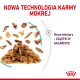 Nowa technologia karmy mokrej, z kawałkami mięsa w galaretce, z teksturą podkreśloną na białym tle.