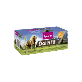 Pavo DailyFit Pferdeergänzungsschachtel mit einem braunen Pferd und Text: "tägliche Vitamine & Spurenelemente für Pferde und Ponys."