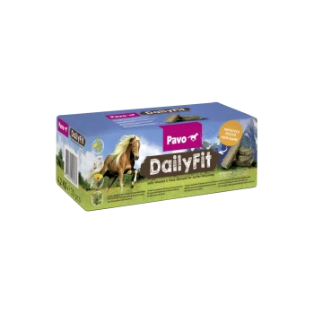 Pavo DailyFit Pferdeergänzungsschachtel mit einem braunen Pferd und Text: "tägliche Vitamine & Spurenelemente für Pferde und Ponys."