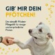 Ein weißer Hund streckt seine Pfote zu einer menschlichen Hand aus, mit Text: "GIB' MIR DEIN PFÖTCHEN!" und "Der nimo® Pfoten-Pflegstift."