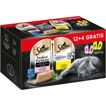 Sheba Perfect Portions Katzenfutterpackung mit geteilten Schalen mit Lachs- und Hühnergeschmack, enthält 16 Portionen, mit einer grauen Katze daneben.