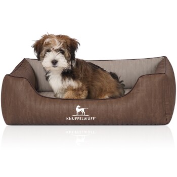 Orthopädisches Hundebett Outlander aus laser-gestepptem Kunstleder braun/ grau M-L