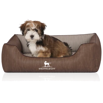 Ein kleiner, flauschiger Hund sitzt bequem in einem stilvollen braunen Haustierbett mit einem hellen Innenraum, mit dem Logo "KNUFFELWUFF".