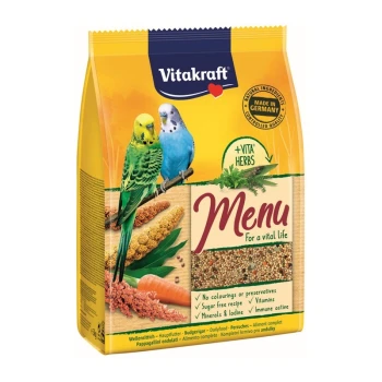 Vitakraft Menu bird food package with two colorful budgerigars and text: "No colorings, sugar-free, vitamins, immune active."