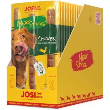 Verpackung für Hundeleckerlis mit einem golden retriever, der sich die Nase leckt, beschriftet mit "Fleischstangen Huhn", mit 95% Fleischgehalt.