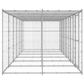 Ein großes, leeres Metall-Haustiergehege mit einem Gitterdesign, mit mehreren horizontalen Stangen und einem geräumigen Innenraum.