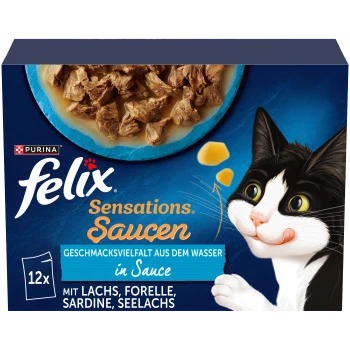 Nourriture pour chat Purina Felix Sensations Sauces aux saveurs de poisson en sauce, montrant un chat noir et blanc en train de se lécher les lèvres.