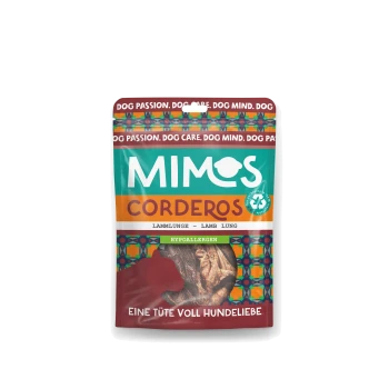 Un paquet coloré de friandises pour chiens Mimos Corderos, présentant des poumons d'agneau, étiqueté "hypoallergénique" en allemand et en anglais, avec des motifs vibrants.