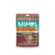 Eine bunte Verpackung von Mimos Corderos Hundeleckerlis, die Lungen von Lamm enthält, beschriftet mit "hypoallergen" auf Deutsch und Englisch, mit lebhaften Mustern.