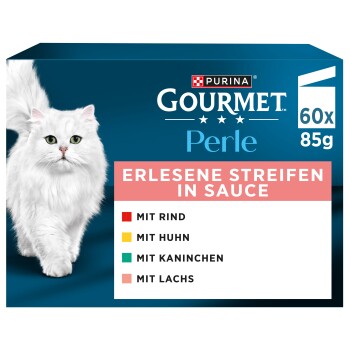 Boîte de nourriture pour chat Purina Gourmet Perle avec chat blanc ; texte visible : «ERLESENE STREIFEN IN SAUCE, 60x85g, MIT RIND HUHN KANINCHEN LACHS».