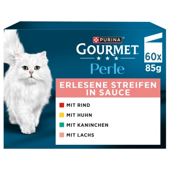Purina Gourmet Perle Katzenfutterbox mit weißer Katze; Text: ERLESENE STREIFEN IN SAUCE, 60x85g, MIT RIND HUHN KANINCHEN LACHS.