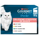Purina Gourmet Perle Katzenfutterbox mit weißer Katze; Text: ERLESENE STREIFEN IN SAUCE, 60x85g, MIT RIND HUHN KANINCHEN LACHS.