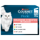 Purina Gourmet Perle Katzenfutterbox mit weißer Katze; Text: ERLESENE STREIFEN IN SAUCE, 60x85g, MIT RIND HUHN KANINCHEN LACHS.