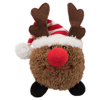 Ein plüschiges Rentier-Spielzeug mit einer roten Nase, das einen Weihnachtsmannhut und braune Geweih trägt, mit einem lächelnden Gesicht und schwarzen Füßen.