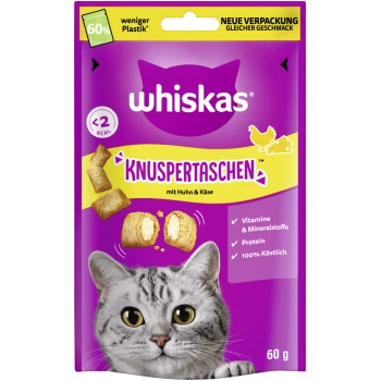 Snacks, Knuspertaschen Huhn und Käse 6x60 g Whiskas Knuspertaschen Katzenleckerliverpackung, die das Gesicht einer grauen getigerten Katze zeigt, mit Huhn- und Käsegeschmack, Vitaminen und Protein.