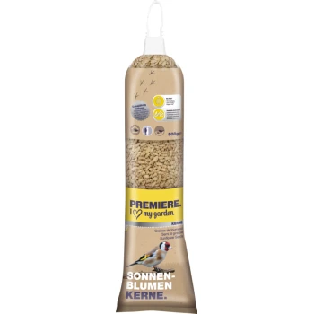 A 500g bag of sunflower seeds for birds, labeled "Premiere. I love my garden," featuring a colorful image of a goldfinch.