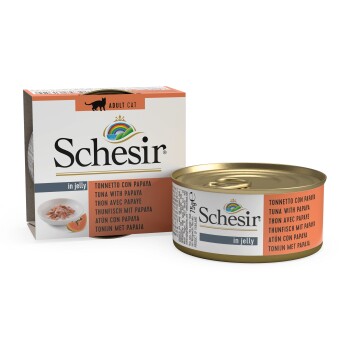 Verpackung von Schesir Katzenfutter mit einer Dose und einer Box, die mit "Thunfisch mit Papaya" in mehreren Sprachen beschriftet ist, entworfen für erwachsene Katzen.