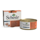 Verpackung von Schesir Katzenfutter mit einer Dose und einer Box, die mit "Thunfisch mit Papaya" in mehreren Sprachen beschriftet ist, entworfen für erwachsene Katzen.